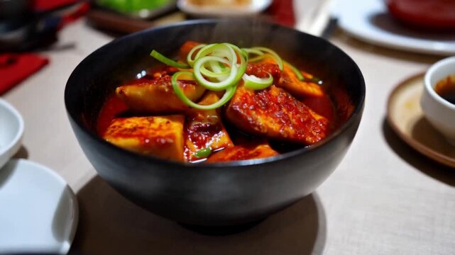 Spicy Sichuan mapo tofu in a black ceramic bowl, garnished with green onions and chili oil, steamy and vibrant colors
