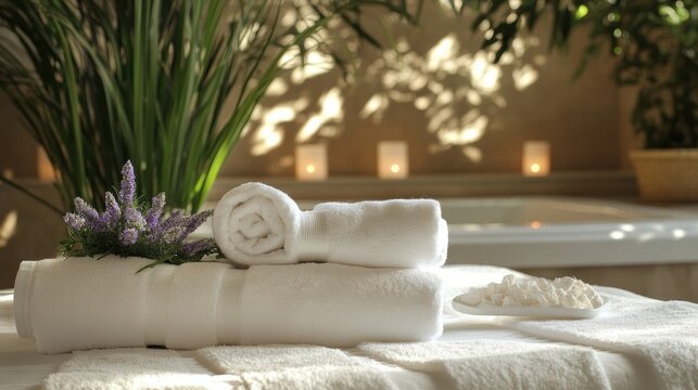A tranquil oasis of relaxation, where soft, pastel hues of lavender and mint enveloped plush white towels and plush white robes, inviting guests to escape into an world of serenity.