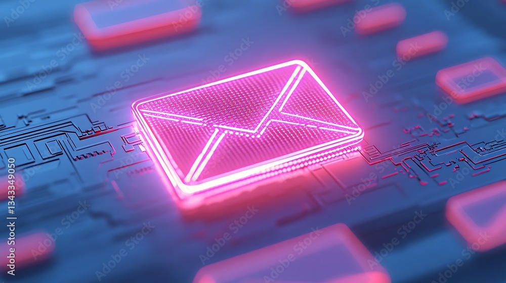 Poster neon envelope icon on digital background with circuit patterns and futuristic tech aesthetic