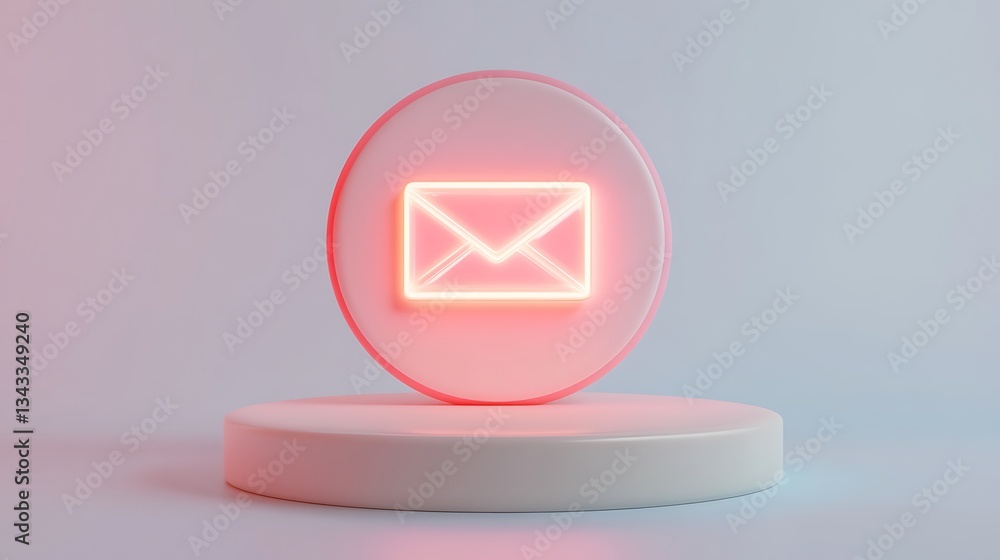 Poster neon envelope icon with soft pink glow on circular base for digital communication and messaging conc
