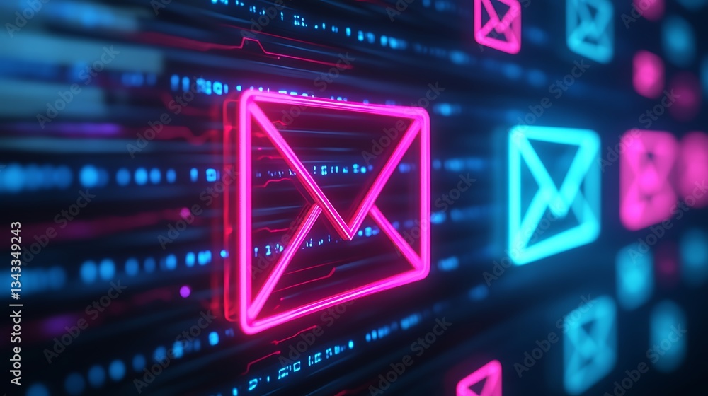 Poster neon envelope icons on a digital background representing electronic communication and messaging tech