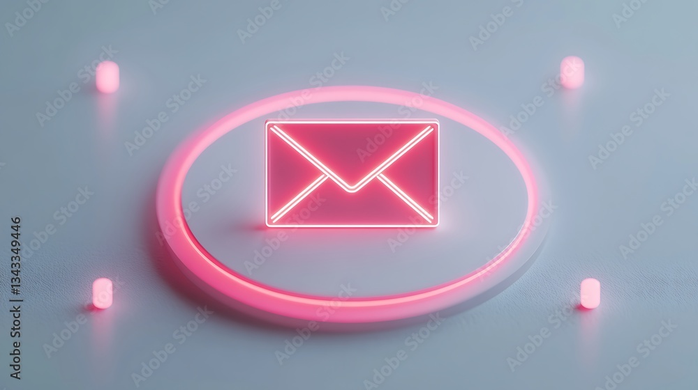 Poster neon glow email icon in circular design with futuristic style and soft lighting on modern background