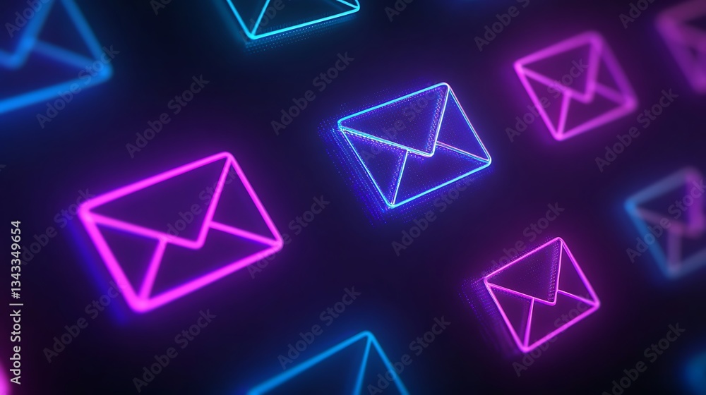 Poster neon glow email icons in abstract digital background for communication and technology themes