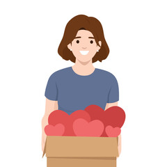 Spreading Love Through Giving. Woman holds a donation box filled with red hearts. Flat vector illustration isolated on white 