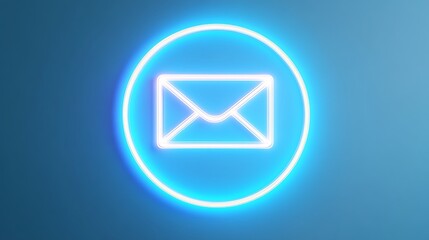 Neon glowing envelope icon representing email communication against a blue background in modern style