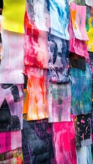 Vibrant abstract textile artwork.  A colorful patchwork of painted fabric pieces creates a dynamic visual texture.