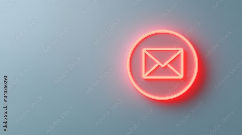 Poster neon light symbol of an envelope representing email communication against a soft gray background