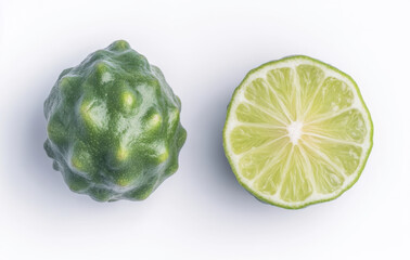 Naklejka premium vibrant Kampot lime cut in half, showcasing its juicy interior and unique texture, perfect for culinary uses and garnishing