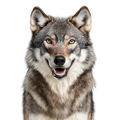 Obraz premium Wolf's Direct Gaze: A striking portrait of a wolf, its piercing eyes and attentive expression capturing the animal's wild spirit and natural beauty.