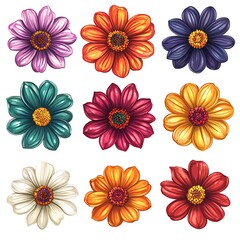 Vibrant Floral Arrangement: A captivating illustration showcasing an array of meticulously detailed and vibrantly colored flowers, each with unique hues and delicate petals.