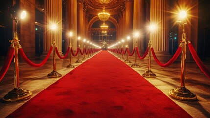 A red carpet is laid out in a long hallway with gold colored barriers. The scene is set in a grand theater or ballroom, likely for a red carpet event or a movie premiere