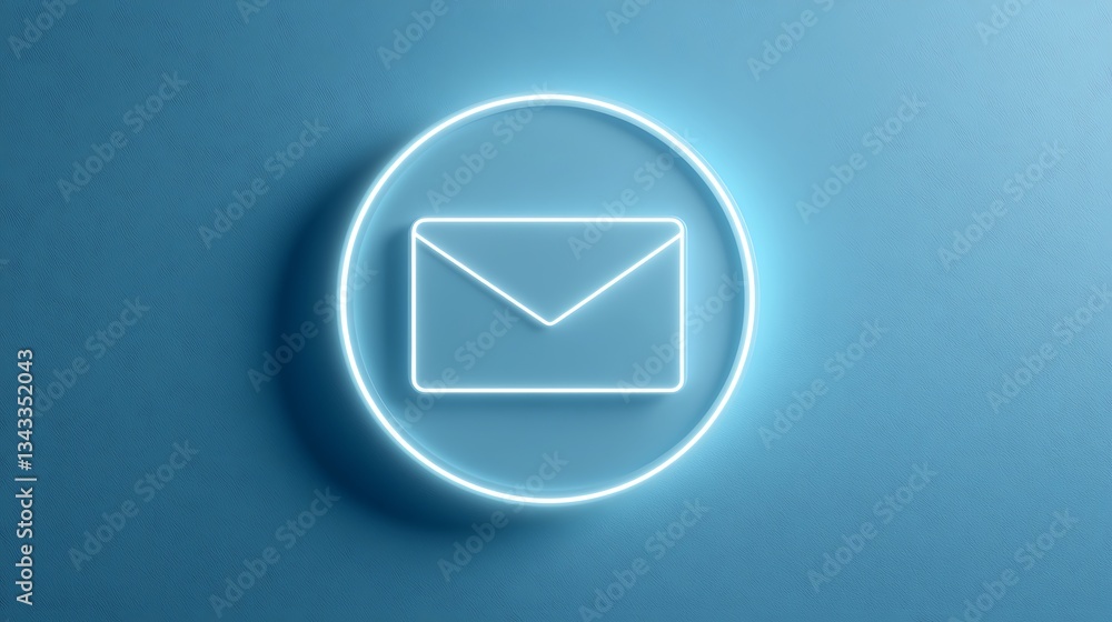 Poster neon sign of envelope icon on blue background for communication and messaging concepts