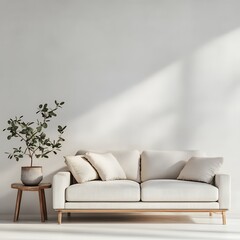 ソファ, 白, クッション, 観葉植物, シンプル, ミニマル, インテリア, モダン, ナチュラル, 落ち着いた, 居心地, 北欧, リラックス, スタイリッシュ, 温かみ, 木製家具, 清潔感, エレガント, デザイン, 穏やか, sofa, white, cushion, potted plant, simple, minimal, interior, modern, natural, ca