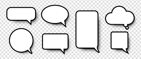 Blank comic speech and thought bubbles with halftone effects set. Classic retro pop-art style for dialogue, storytelling, comics, cartoons, and creative designs. Vector illustration.