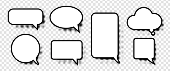 Keuken foto achterwand Blank comic speech and thought bubbles with halftone effects set. Classic retro pop-art style for dialogue, storytelling, comics, cartoons, and creative designs. Vector illustration. © artyway