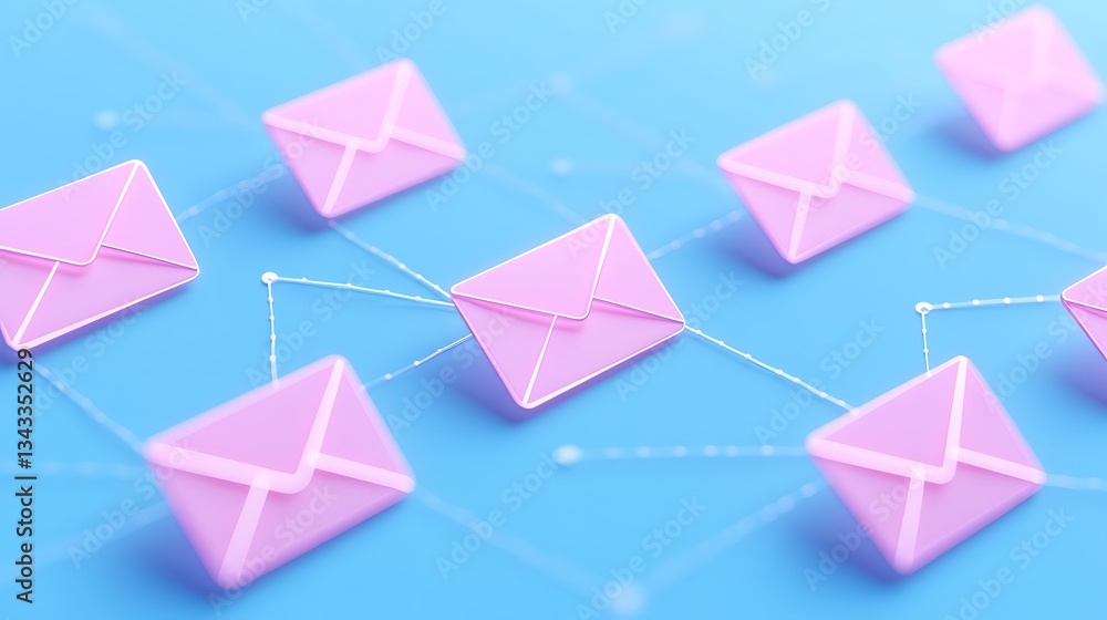 Aufkleber pink email icons connected with network lines on bright blue background creating a modern digital co