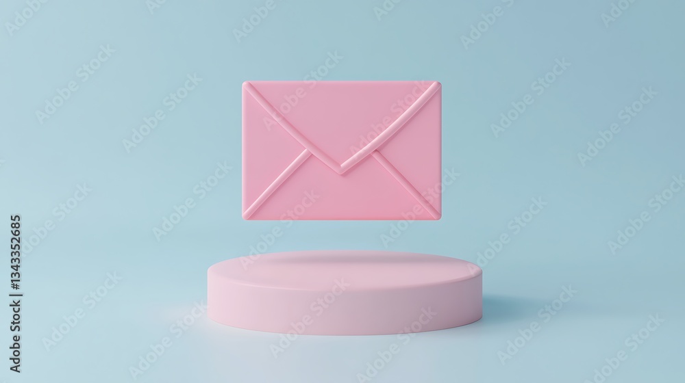 Poster pink envelope floating above a round platform with a soft blue background in a minimalist style