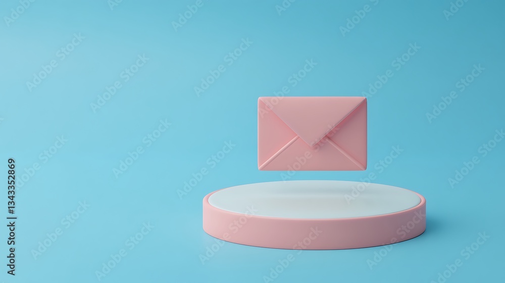 Poster pink envelope floating above round platform on blue background in modern minimalist style