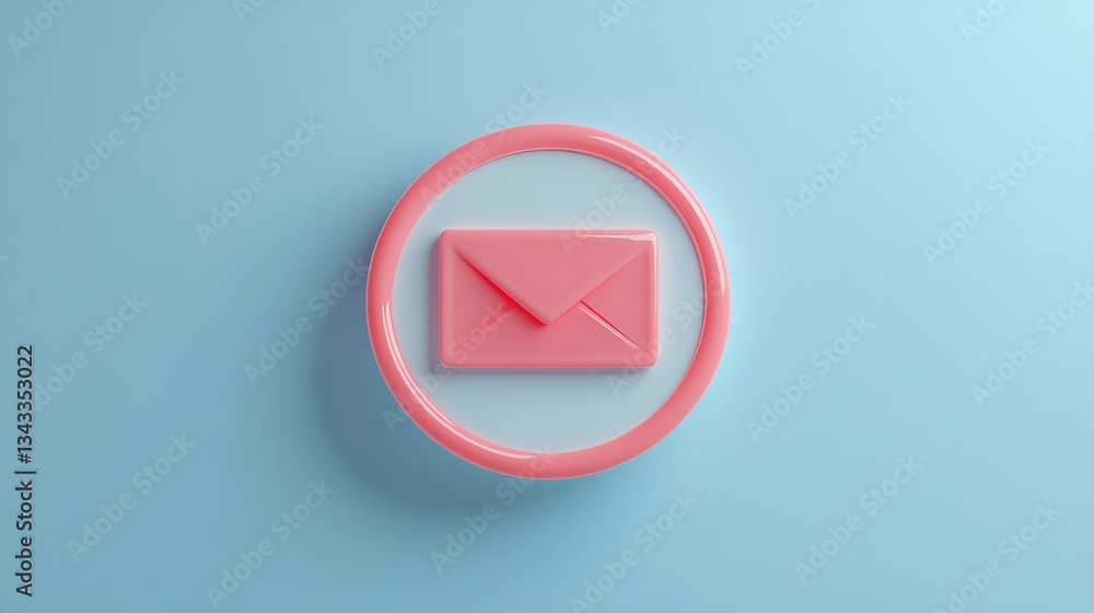 Poster pink envelope icon inside round frame on soft blue background for digital communication concepts