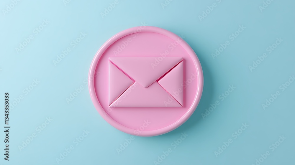 Poster pink envelope icon on circular base with soft turquoise background for modern communication and desi