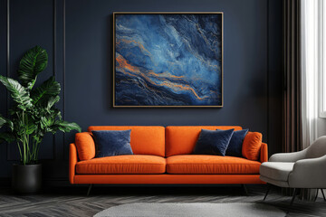 an abstract painting hanging above a modern orange couch in a living room, featuring a cozy atmosphere