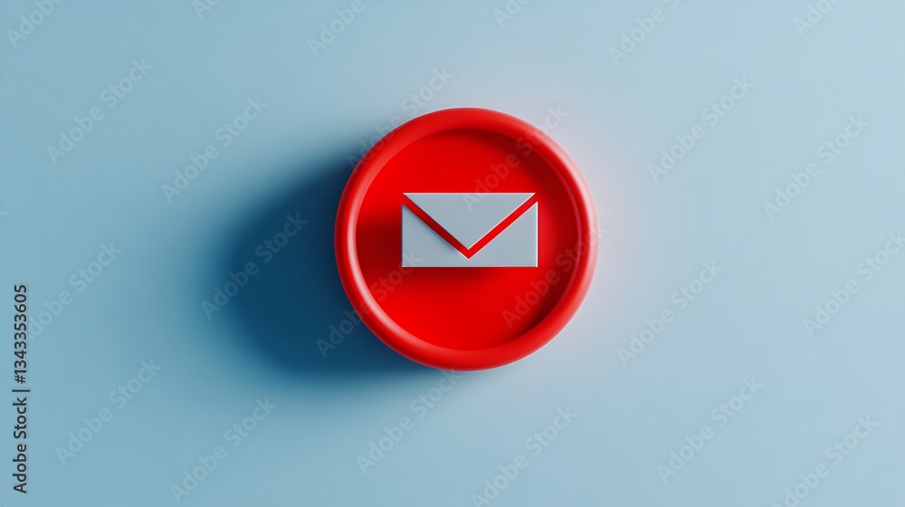 Poster red circular button with envelope symbol on light blue background for email communication concept