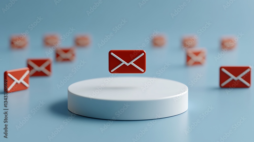 Poster red email icons floating above a circular platform on a blue background representing digital communi