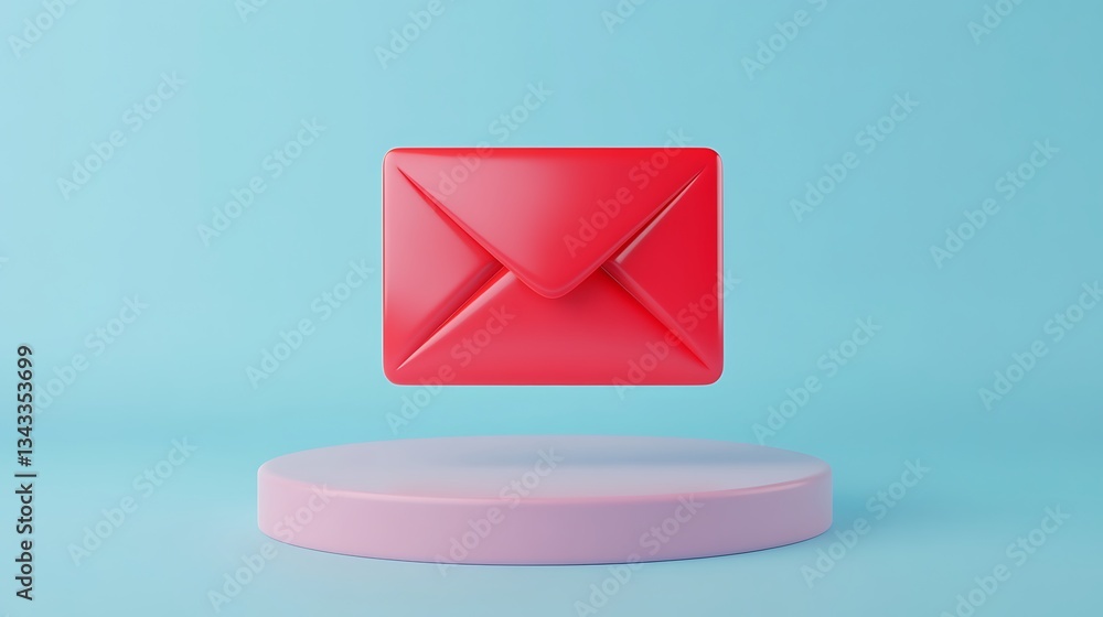 Poster red envelope floating above circular platform on soft blue background in modern minimalist style