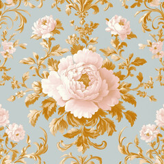 Clipart-style rococo floral pattern wallpaper, with a light blue and gold color palette, featuring an elegant Victorian design with pink flowers and ornate golden designs