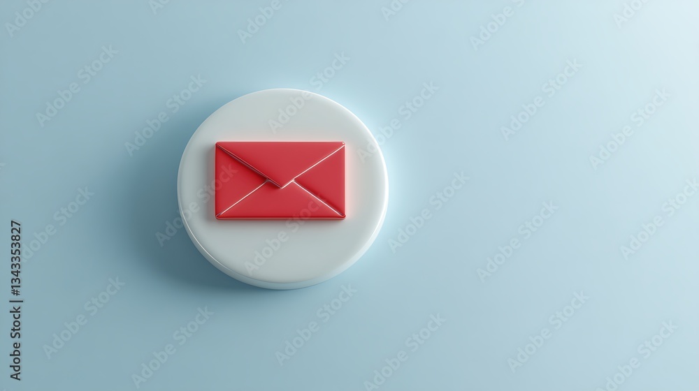 Poster red envelope icon on a round white button against a soft blue background, conveying messages and com