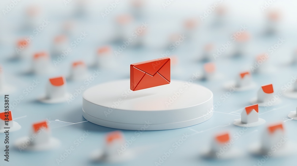 Poster red envelope icon on a white pedestal surrounded by multiple smaller envelope icons for communicatio