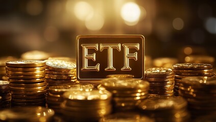 The word "ETF" written in gold on a building block, surrounded by stacks of coins. The background is dark, and the light source comes from above. The image has a gold color tone. 