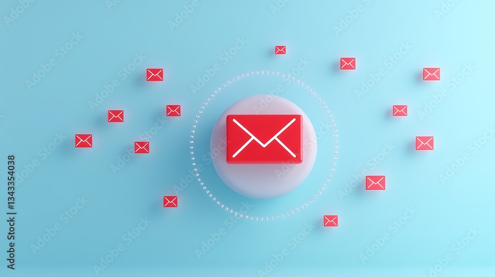 Poster red envelope icon surrounded by floating mail symbols on light blue background for digital communica