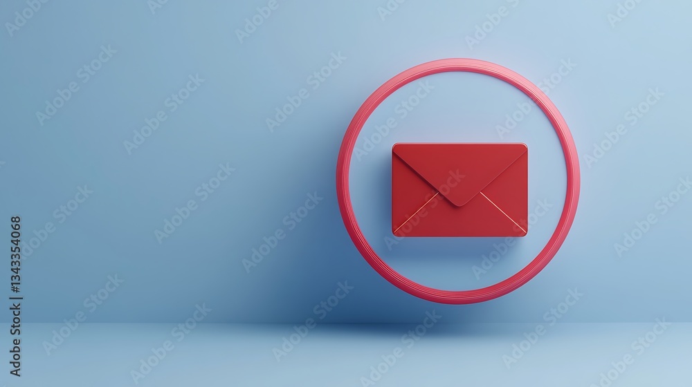 Poster red envelope in circle against blue background represents email communication and digital messaging 