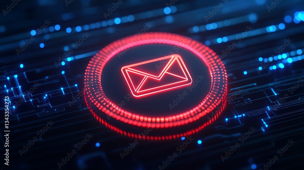 Poster red glowing email icon on digital abstract background representing communication and technology conc