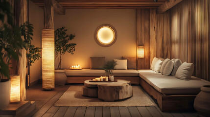 A Scandinavian-style living room with wooden accents and soft lighting