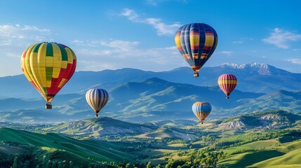 Fototapeta premium Colorful Hot Air Balloons Soaring in Blue Sky