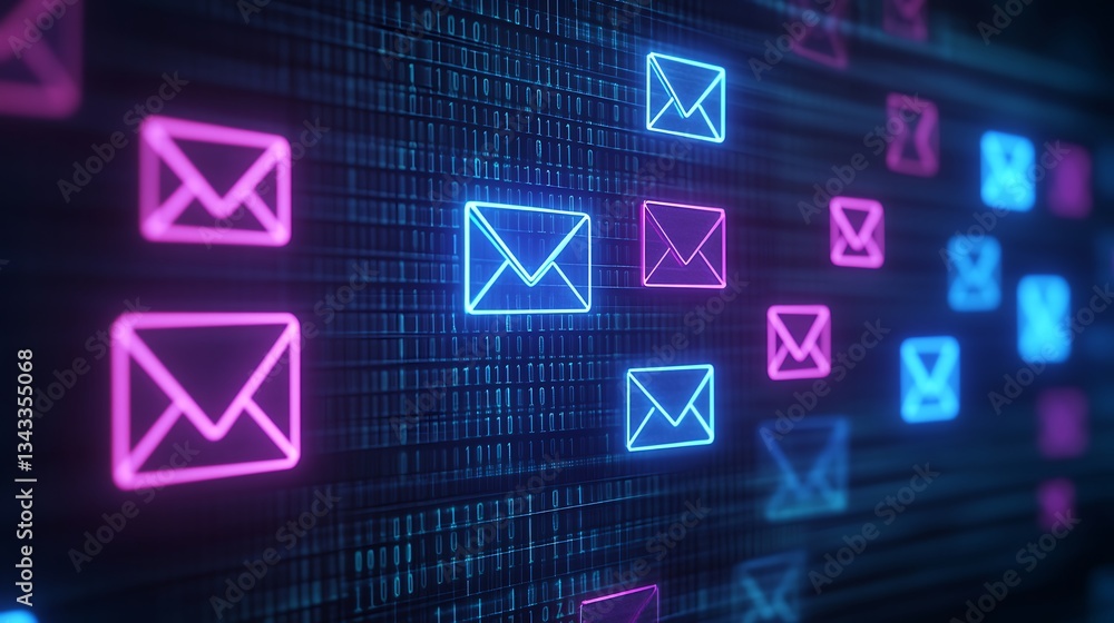 Poster vibrant neon email icons overlaid on digital binary code background for communication concept