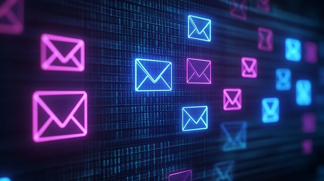 Vibrant Neon Email Icons Overlaid on Digital Binary Code Background for Communication Concept