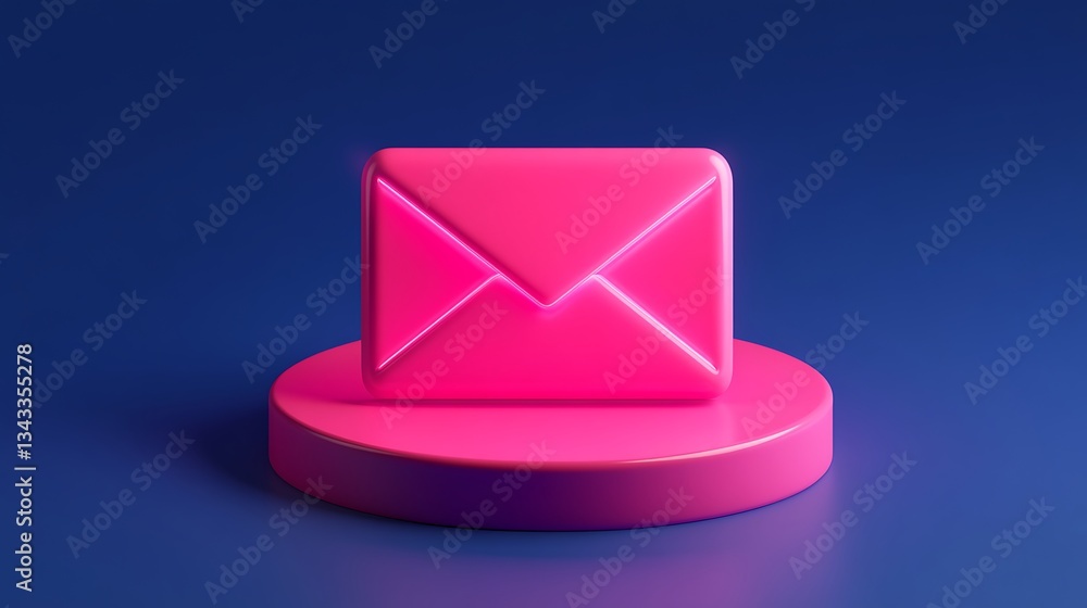 Poster vibrant pink mail icon on circular platform with deep blue background for digital communication conc