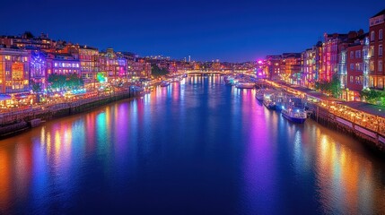 Naklejka premium Vibrant riverfront cityscape at night