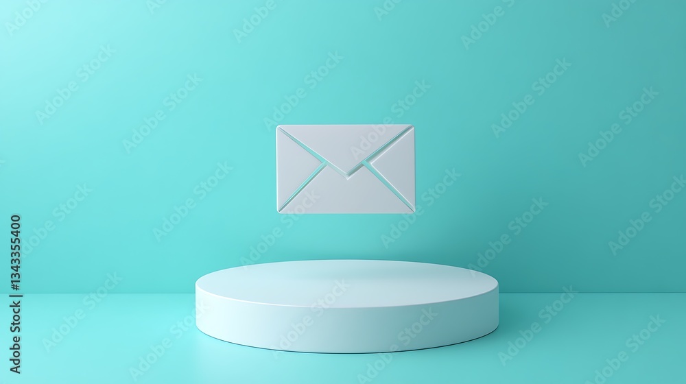 Poster white envelope floating above circular stage in bright teal background for communication and messagi