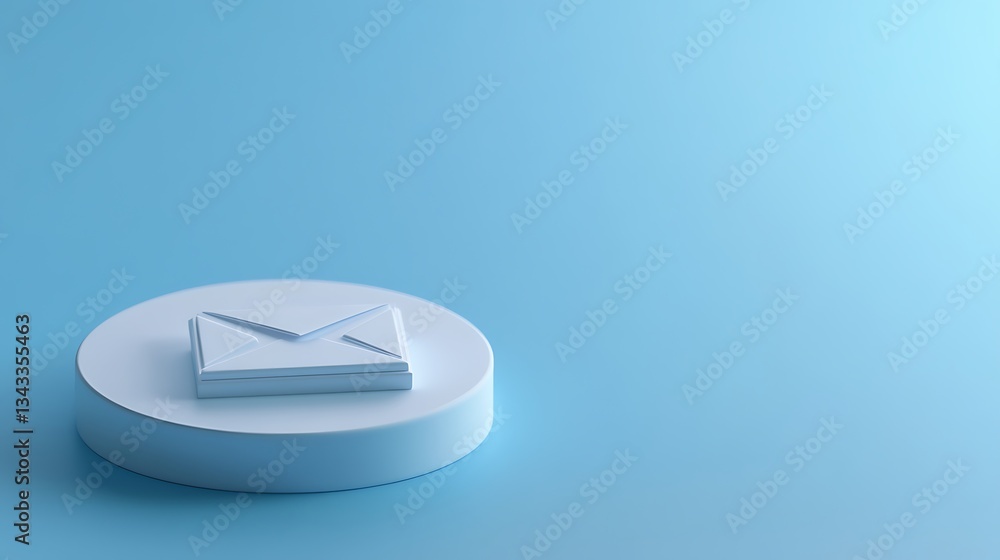 Poster white envelope icon on circular stand against soft blue background in minimalist style