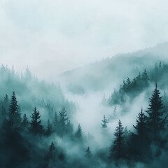a serene misty forest with silhouetted evergreen trees fading into a soft, ethereal fog, creating a tranquil and mysterious natural landscape perfect for conveying peace and solitude