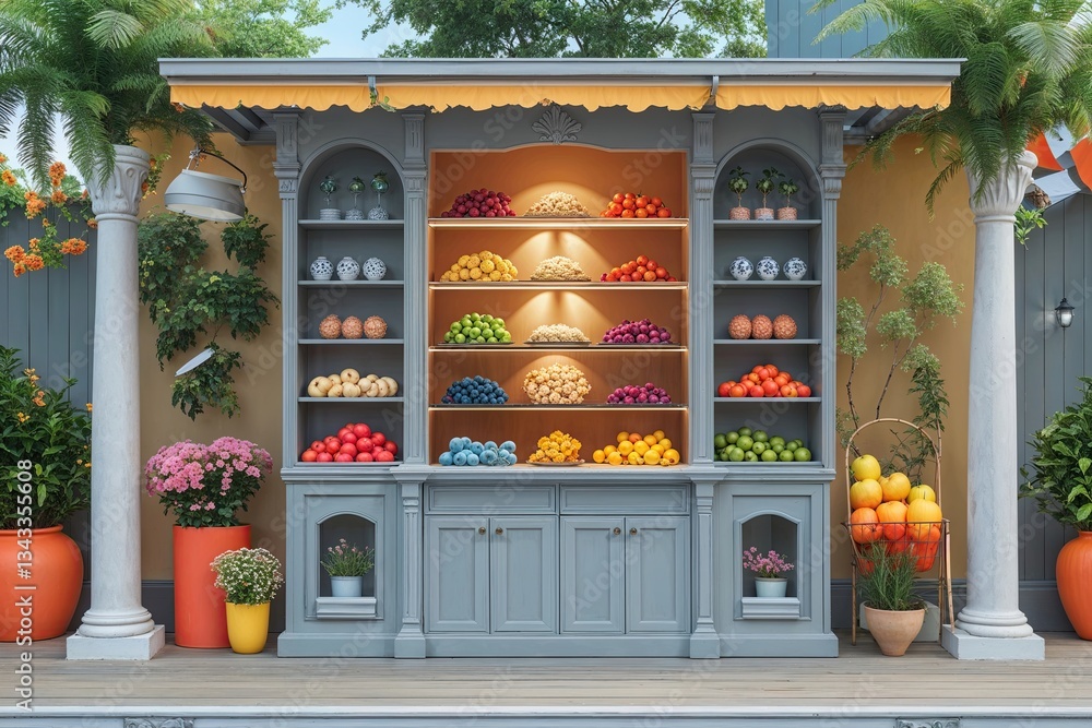 Poster light gray showcase in colorful summer scene with elegant simplicity and 3d display