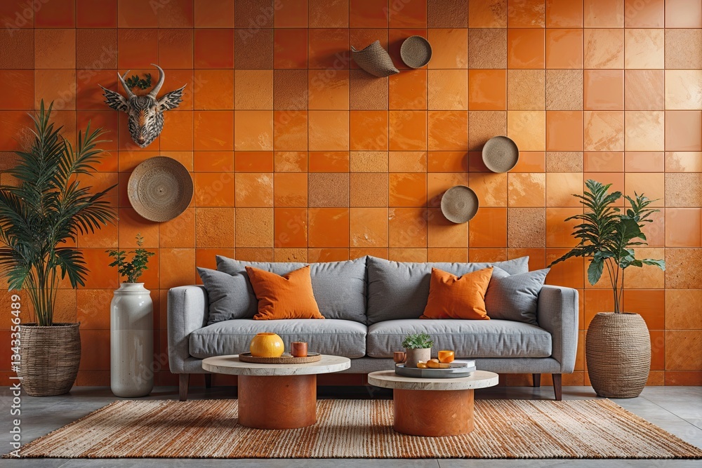 Poster dynamic orange canvas pattern with textured tiles for contemporary decor