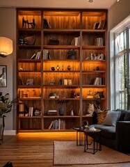A stylish, ambient-lit living area with wall sconces highlighting a honeywood bookshelf. 