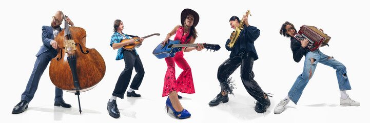 Collage made with people playing different music instruments with energy and passion against white...