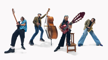 Set of four people, talented musicians performing against white background. People playing double...