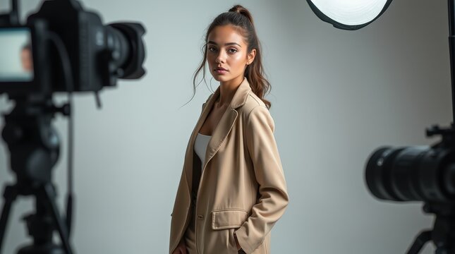 Model poses confidently during a professional photoshoot in a studio setting